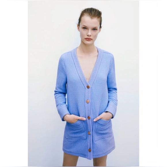 Zara Textured Mini Sweater Button Tunic Dress Pockets Couture Blue Gold Medium - Picture 4 of 9